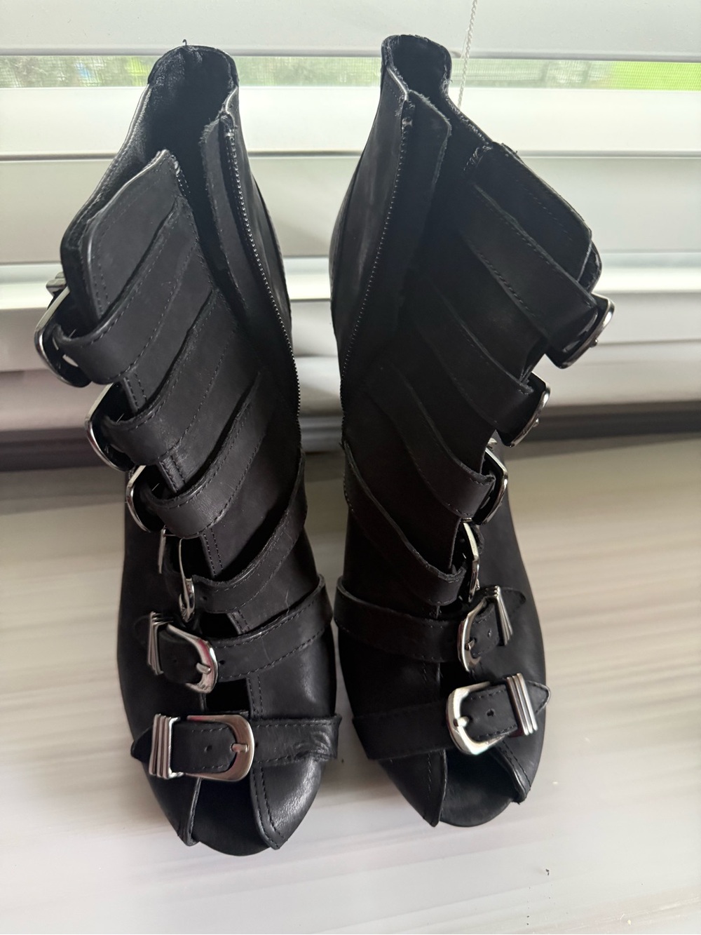 Trouve Black Peep-Toe Wedge Booties with Buckle Straps - Picture 2 of 5